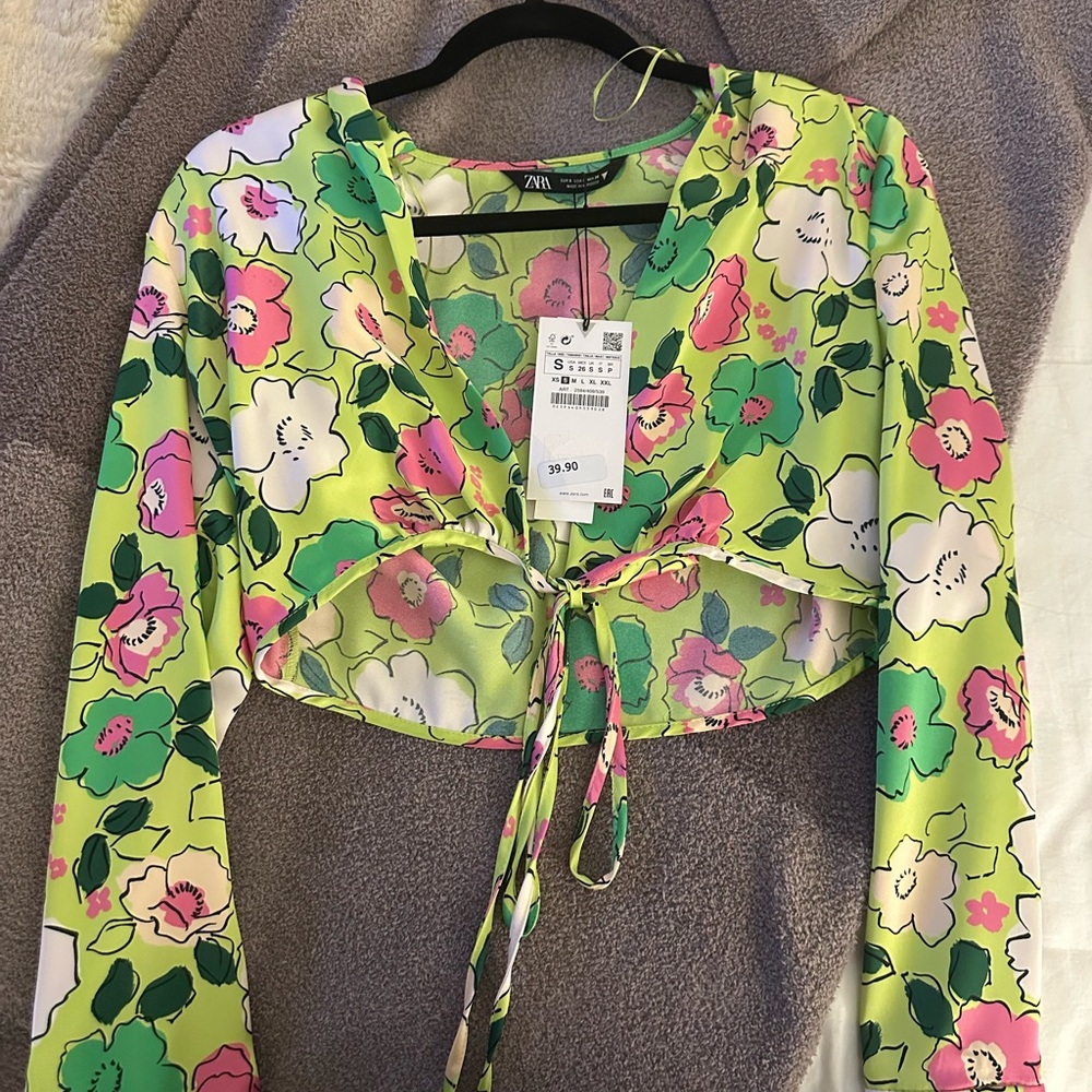 Zara Green Tie Front Crop Blouse